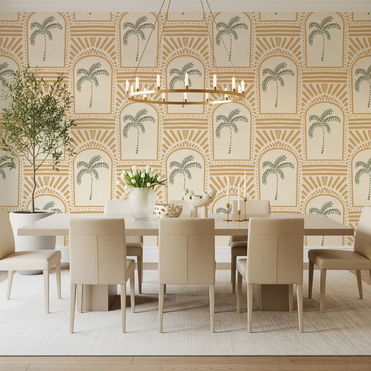 Tropical Palm Art Deco Archways Sand Wallpaper⁠