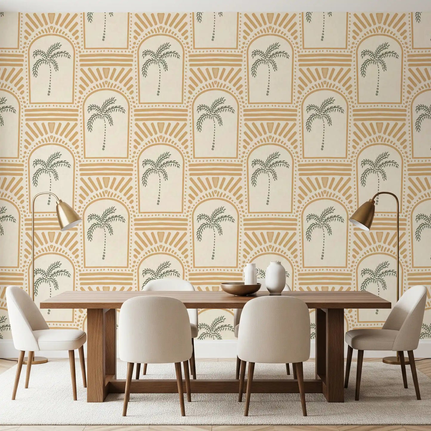 Tropical Palm Art Deco Archways Sand Wallpaper⁠