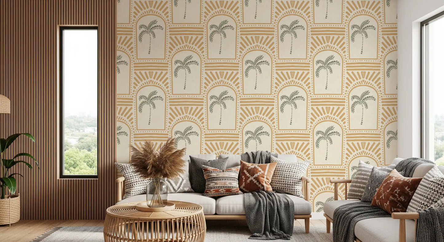 Tropical Palm Art Deco Archways Sand Wallpaper⁠