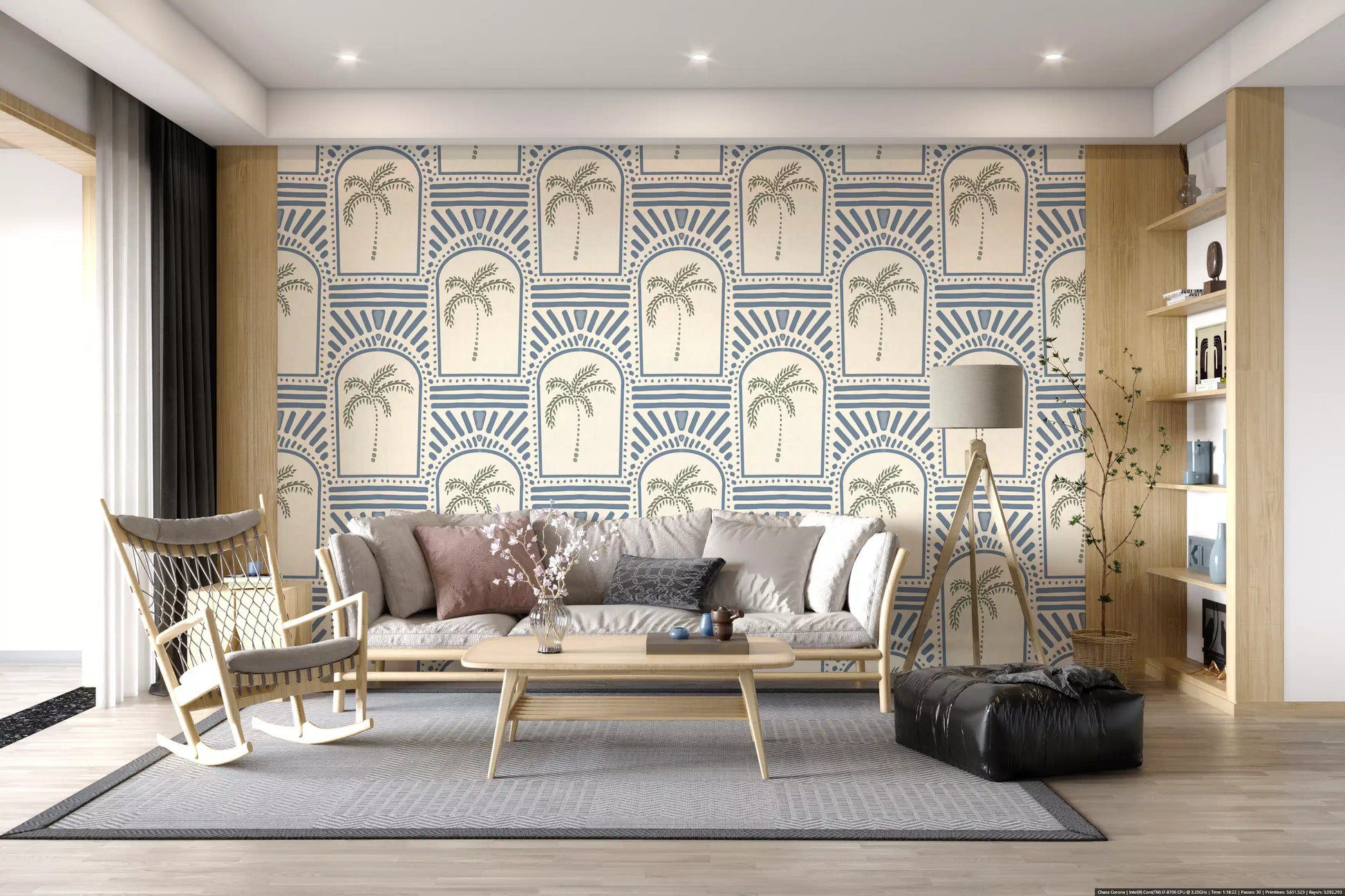 Living room displaying this blue geometric archways wallpaper pattern.