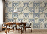 Macro view of the tropical palm art deco archways slate blue wallpaper.