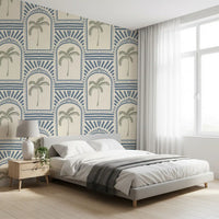 Cozy bedroom setting finished with a tropical palm archways wallpaper layout.