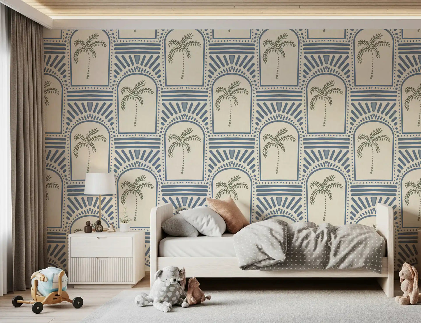 Archways pattern printed onto a cream slate blue wallpaper base.