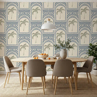 Dining room area paired with this slate blue wallpaper pattern.