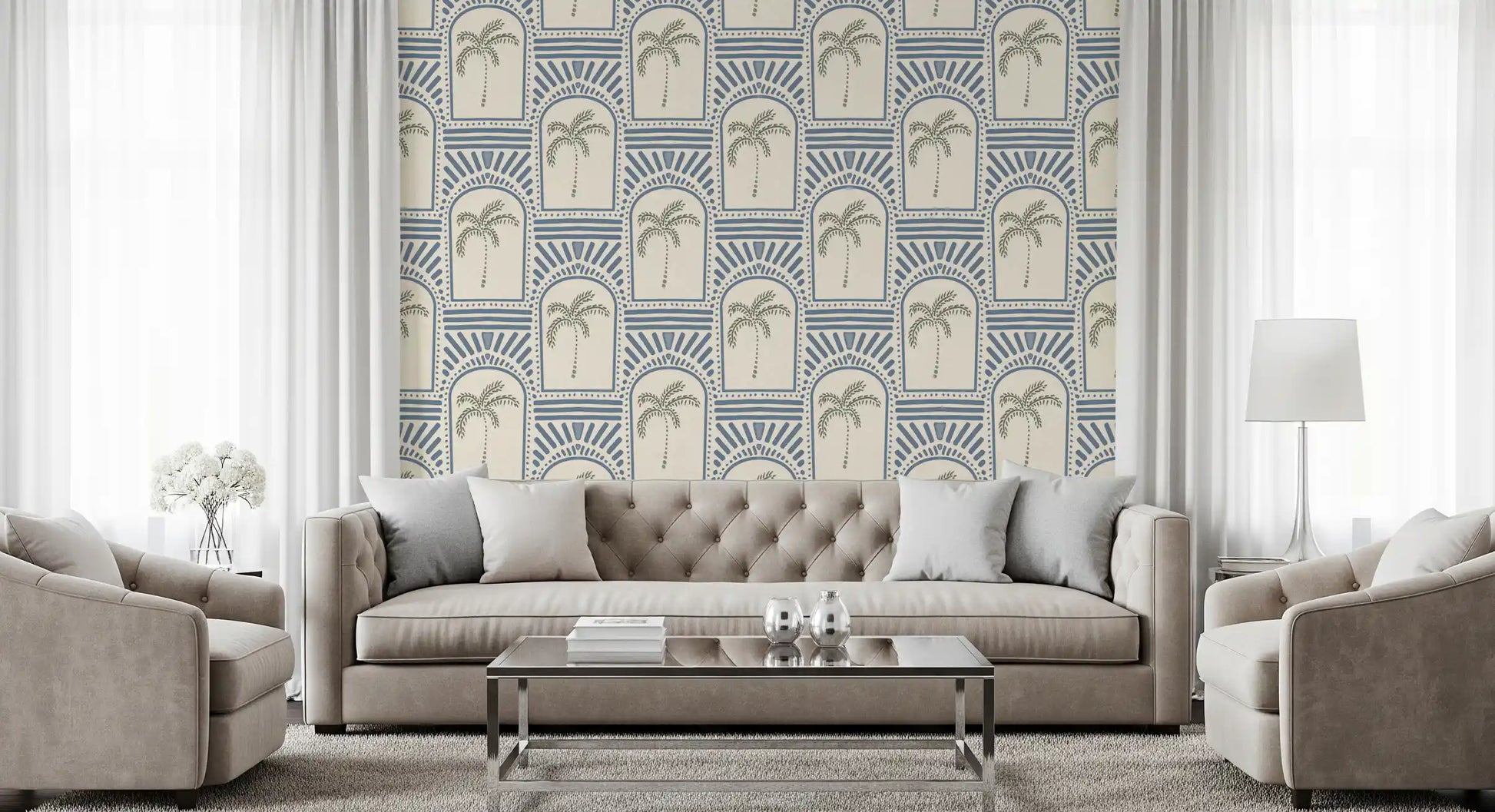 lines frame the tropical palm art deco archways slate blue wallpaper.