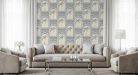 lines frame the tropical palm art deco archways slate blue wallpaper.