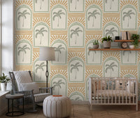 Cozy nursery setting highlighted through a geometric Tropical Palm wallpaper backdrop.