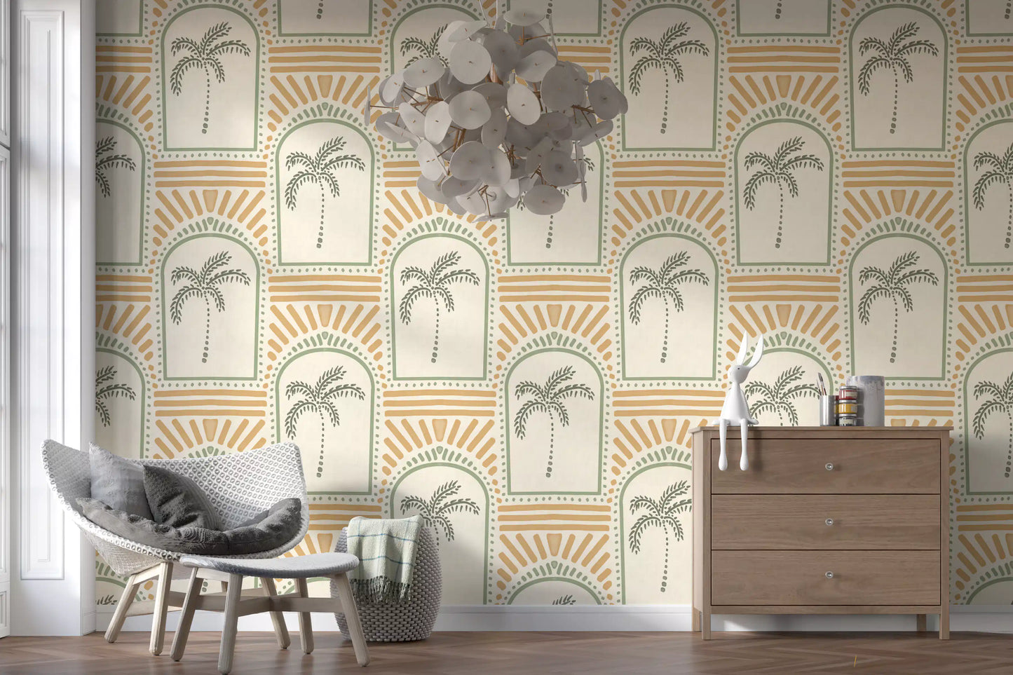 Bright hallway setting highlighted by a uniquely patterned Tropical Palm wallpaper surface.