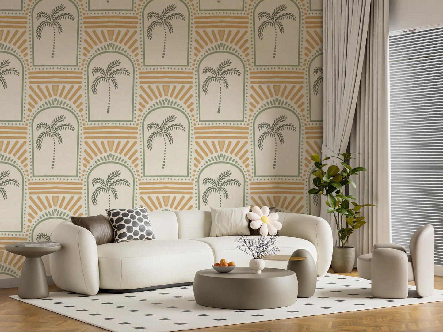 Beautiful lounge area completely covered in a symmetrical Costal Green & Sand wallpaper.
