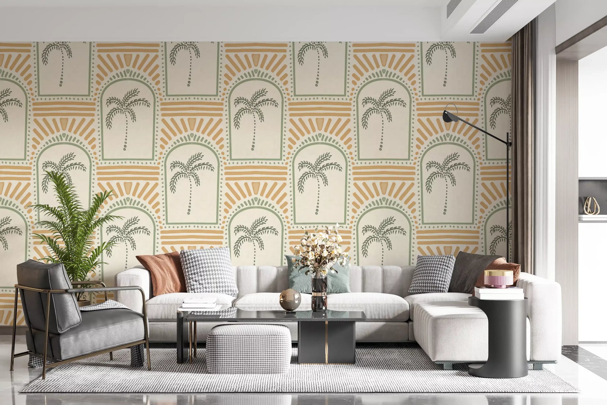Stylized tree shapes enclosed seamlessly across this retro Art Deco Archways wallpaper.