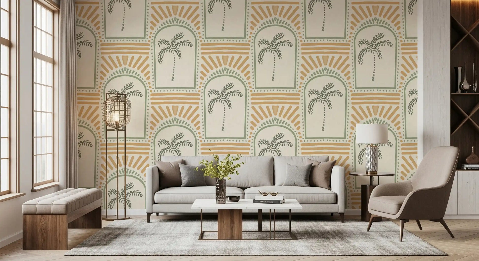 geometric structure the Tropical Palm Art Deco Archways Costal Green & Sand Wallpaper .