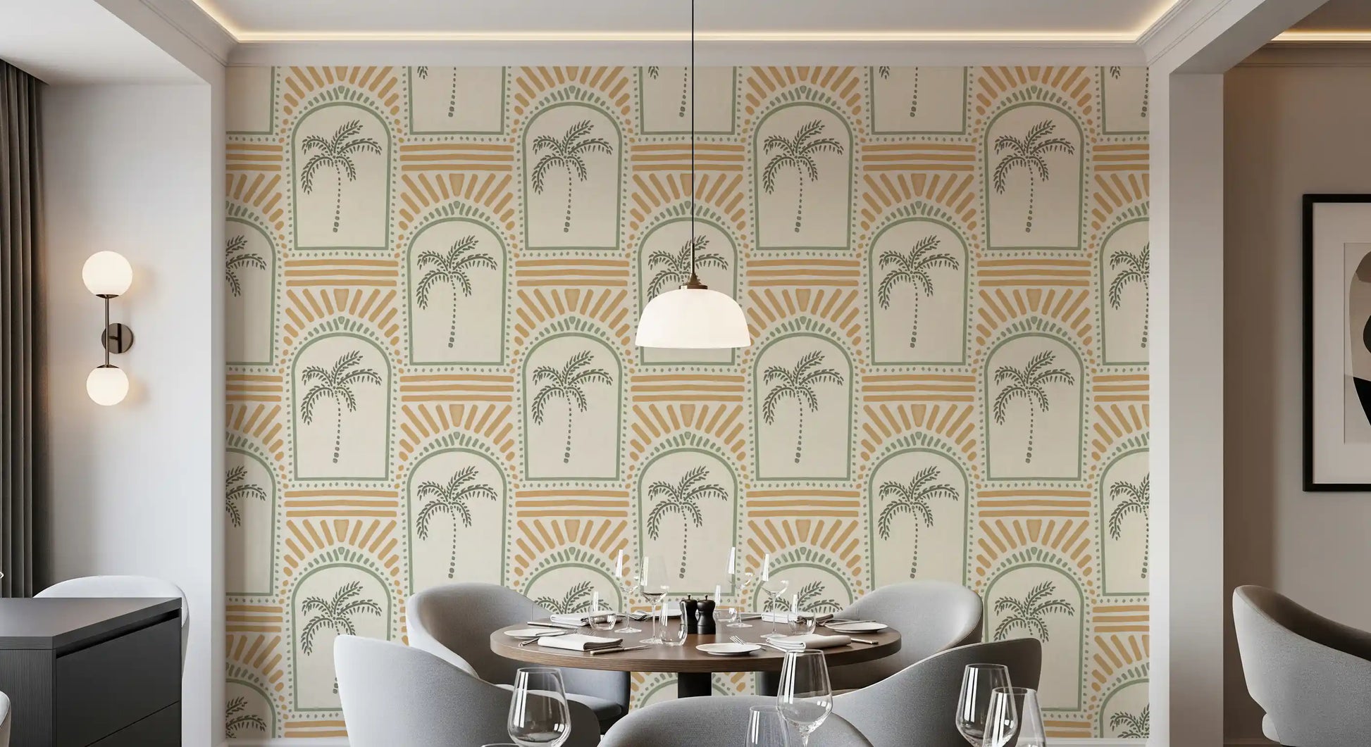 Symmetrical lines creating a beautiful rhythm on the Tropical Palm Art Deco Archways Costal Green & Sand Wallpaper.