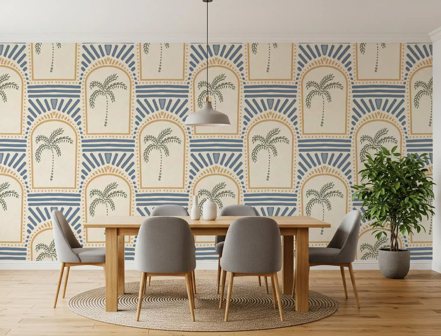 Observing the slate blue geometric lines on this Tropical Palm wallpaper sample.