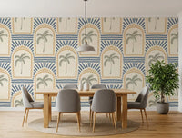 Observing the slate blue geometric lines on this Tropical Palm wallpaper sample.