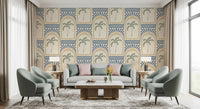 Large living room space accented with the repeating sandy arch pattern wallpaper.