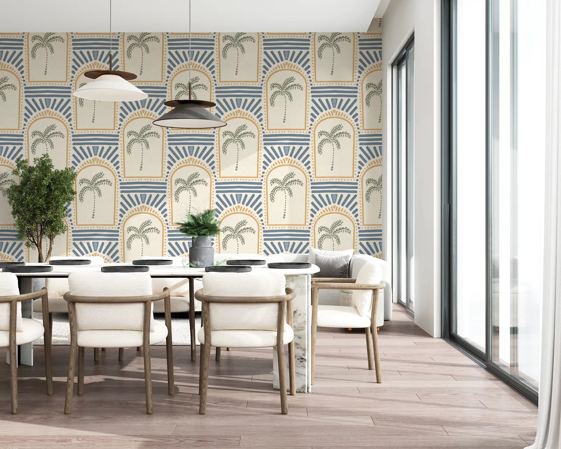 Light dining room interior styled with the geometric archway wallpaper pattern.