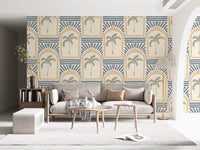 Stylized palm trees fit inside ochre arch outlines on this patterned wallpaper.