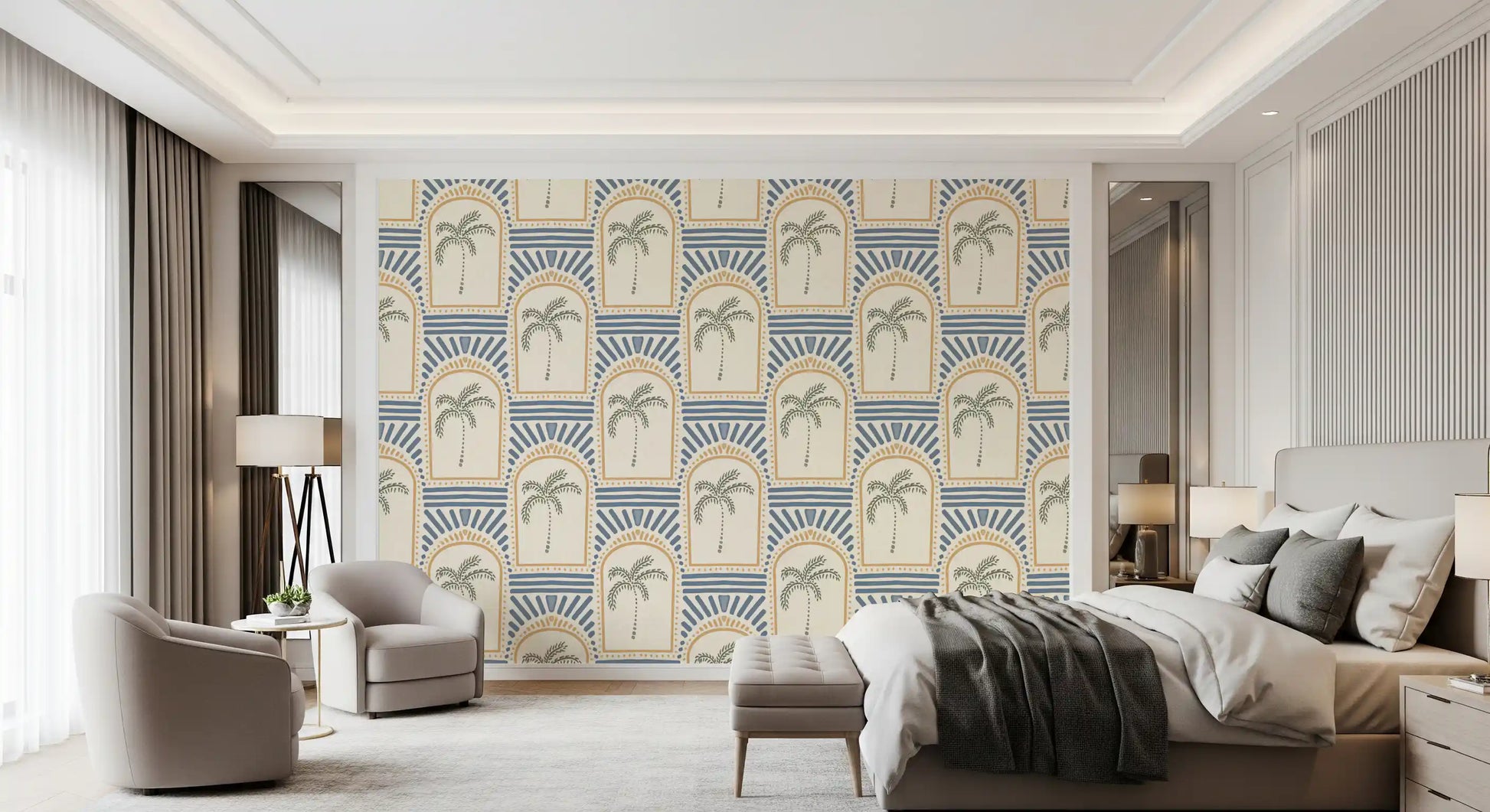 Tropical Palm Art Deco Archways Sand & Slate Blue Wallpaper inside a modern bedroom.