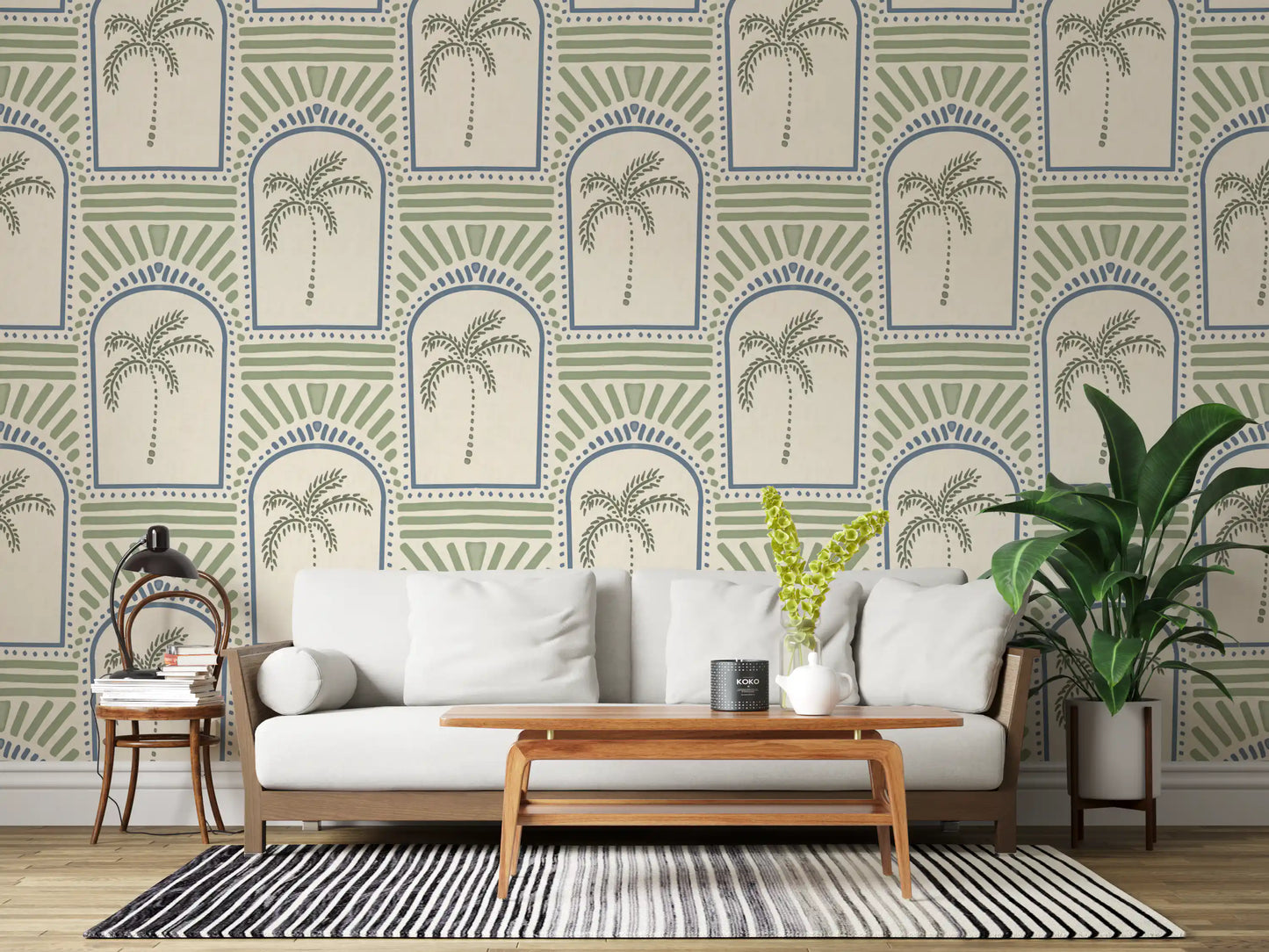 Tropical Palm Art Deco Archways Slate Blue & Costal Green Wallpaper⁠