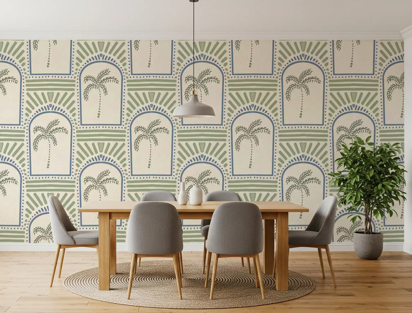 Tropical Palm Art Deco Archways Slate Blue & Costal Green Wallpaper⁠