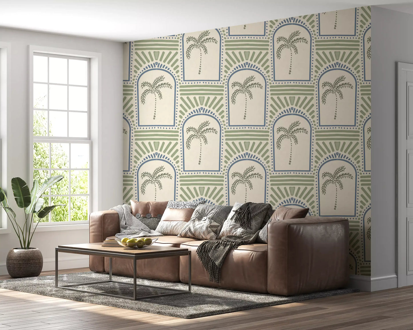 Tropical Palm Art Deco Archways Slate Blue & Costal Green Wallpaper⁠