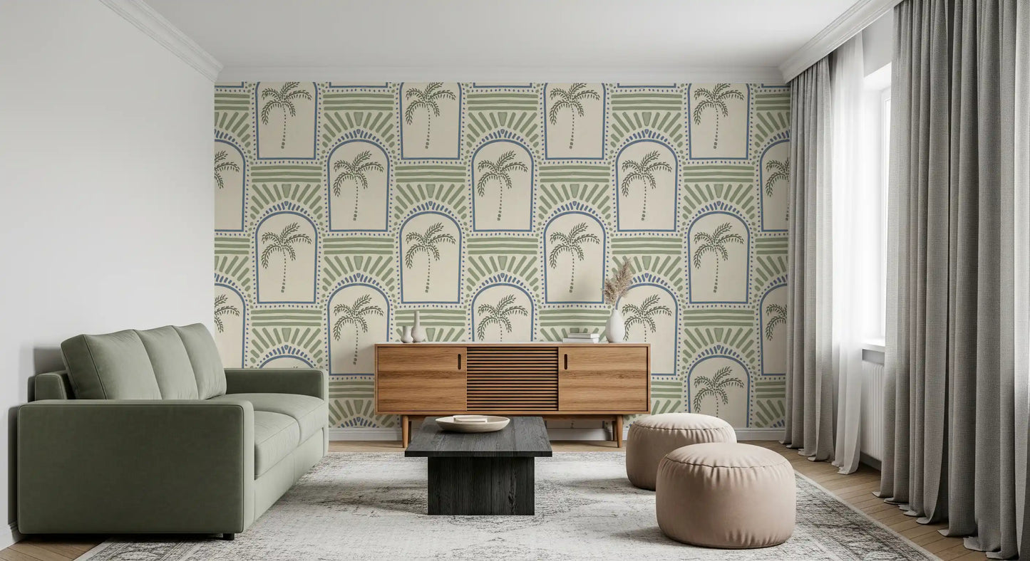 Tropical Palm Art Deco Archways Slate Blue & Costal Green Wallpaper⁠