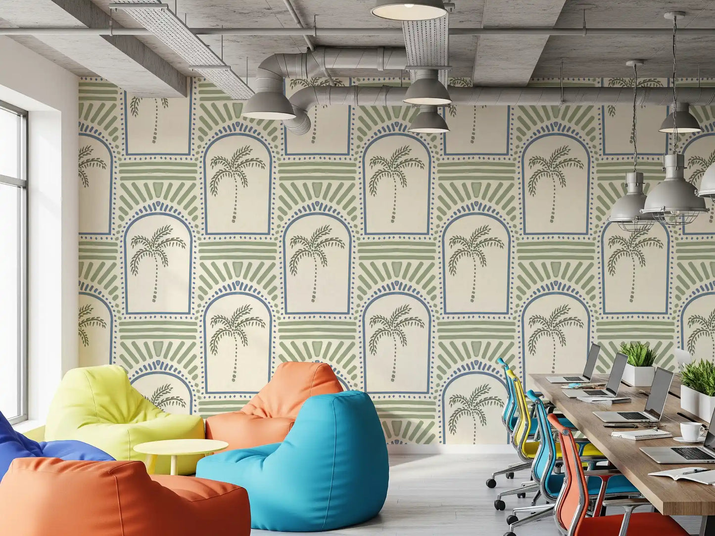 Tropical Palm Art Deco Archways Slate Blue & Costal Green Wallpaper⁠