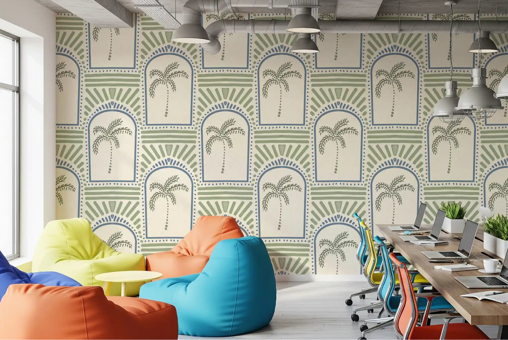 Office seating layout featuring the Tropical Palm Art Deco Archways Slate Blue & Costal Green Wallpaper