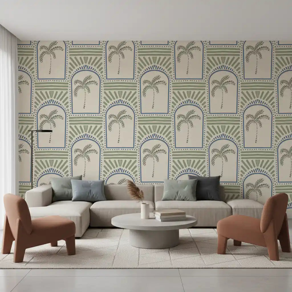 Tropical Palm Art Deco Archways Slate Blue & Costal Green Wallpaper⁠