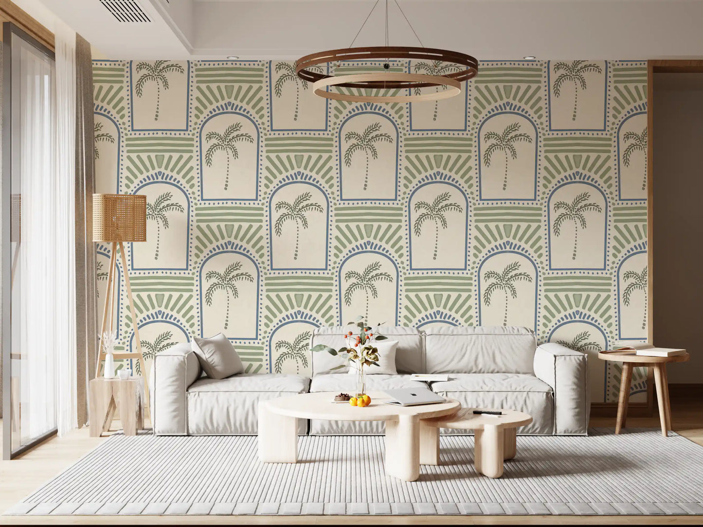 Tropical Palm Art Deco Archways Slate Blue & Costal Green Wallpaper⁠