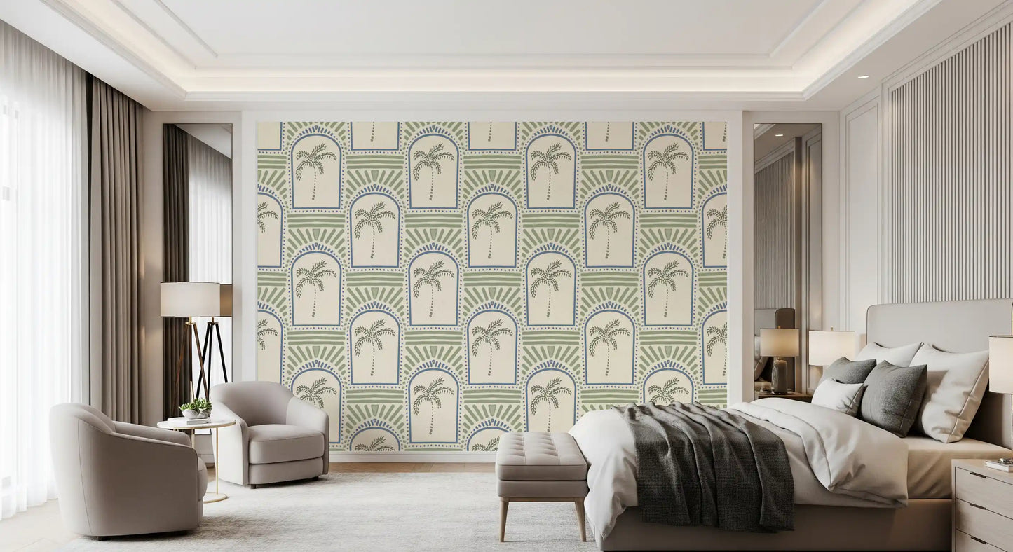 Tropical Palm Art Deco Archways Slate Blue & Costal Green Wallpaper⁠