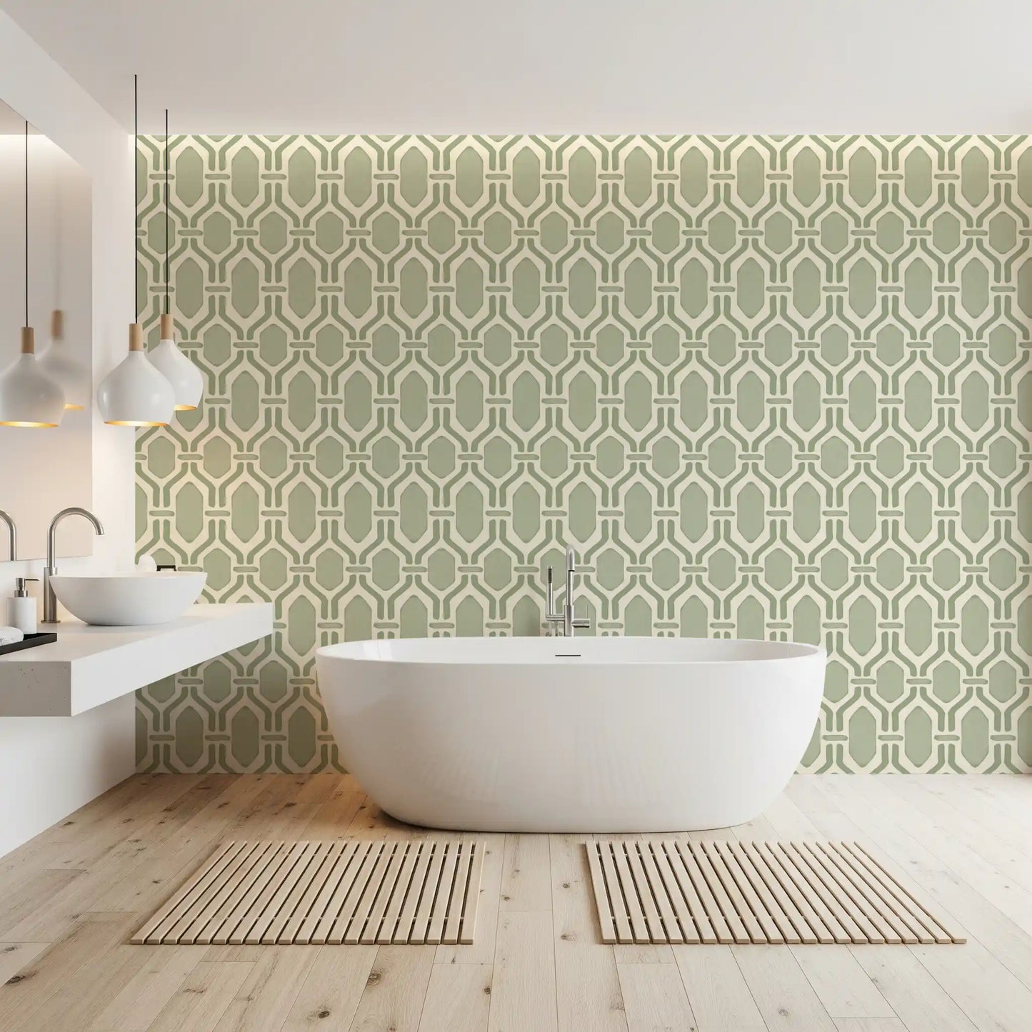 Clean bathroom interior showcasing a green Art Deco trellis wallpaper.