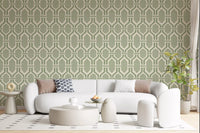 Minimalist lounge area featuring a trellis patterned wallpaper background.