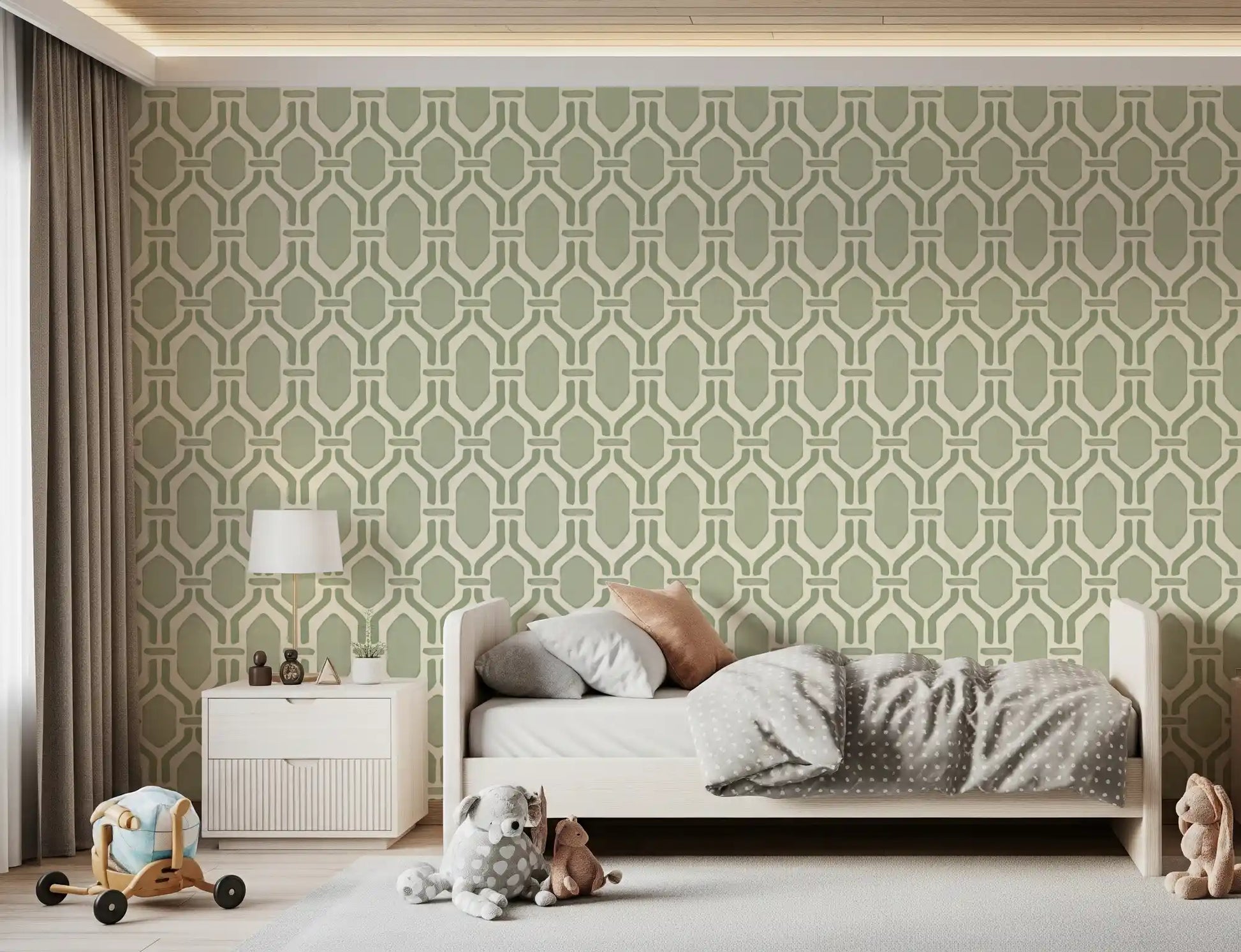 Trellis pattern repeat on a cream wallpaper surface.