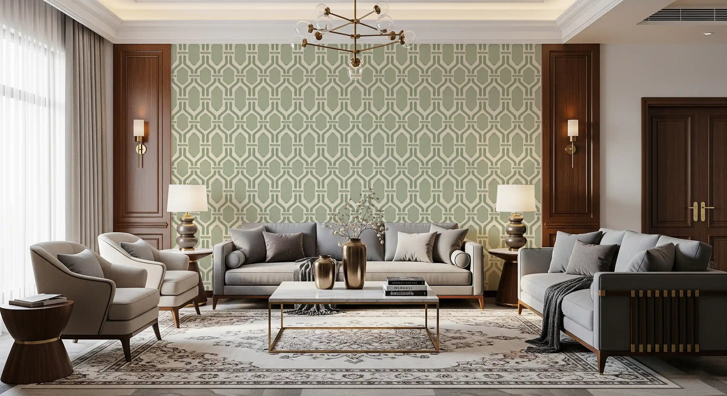 Elegant living room displaying a green geometric wallpaper pattern.