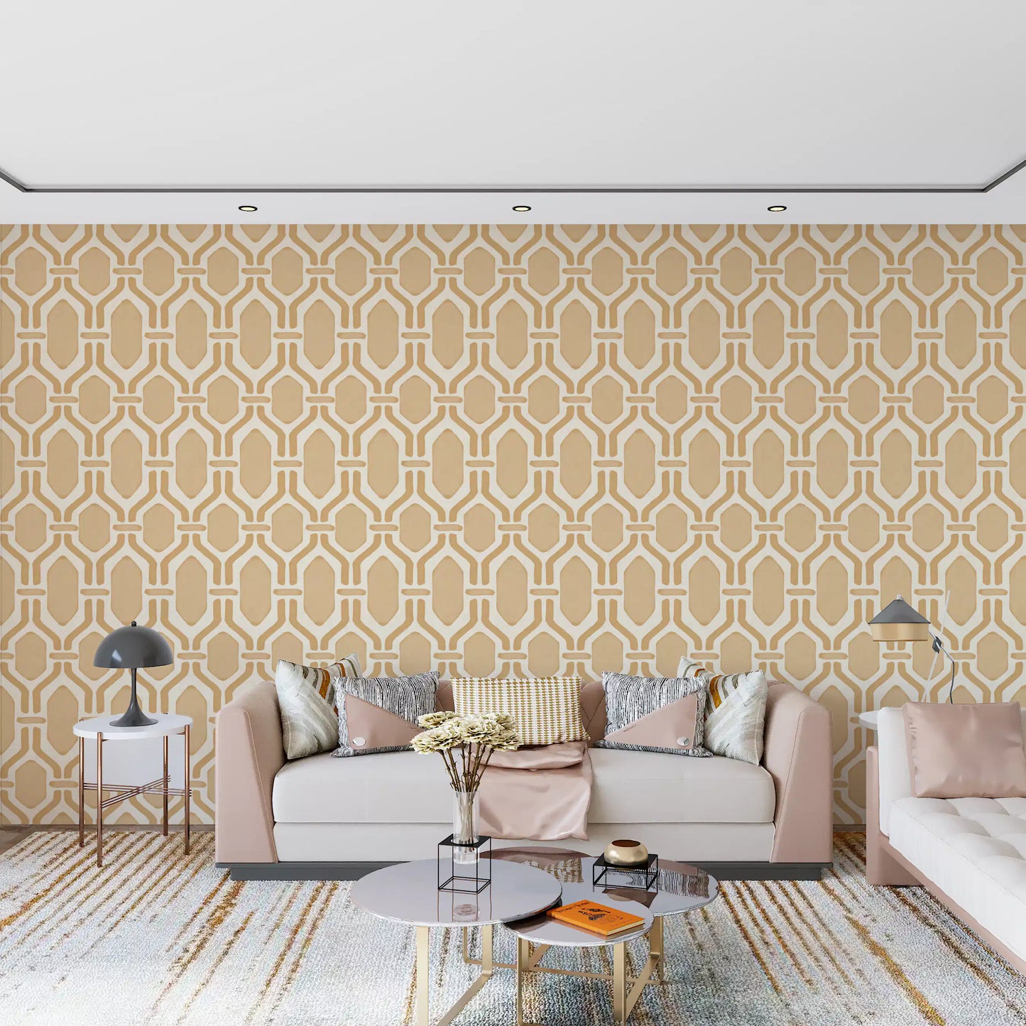 The art deco trellis sand wallpaper provides warm neutral hues.