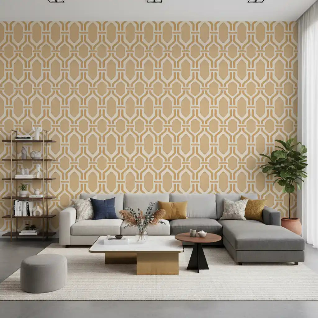 Modern Living room enhanced with a neutral trellis wallpaper.