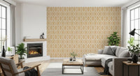 Contemporary living room highlighted by a retro geometric wallpaper.
