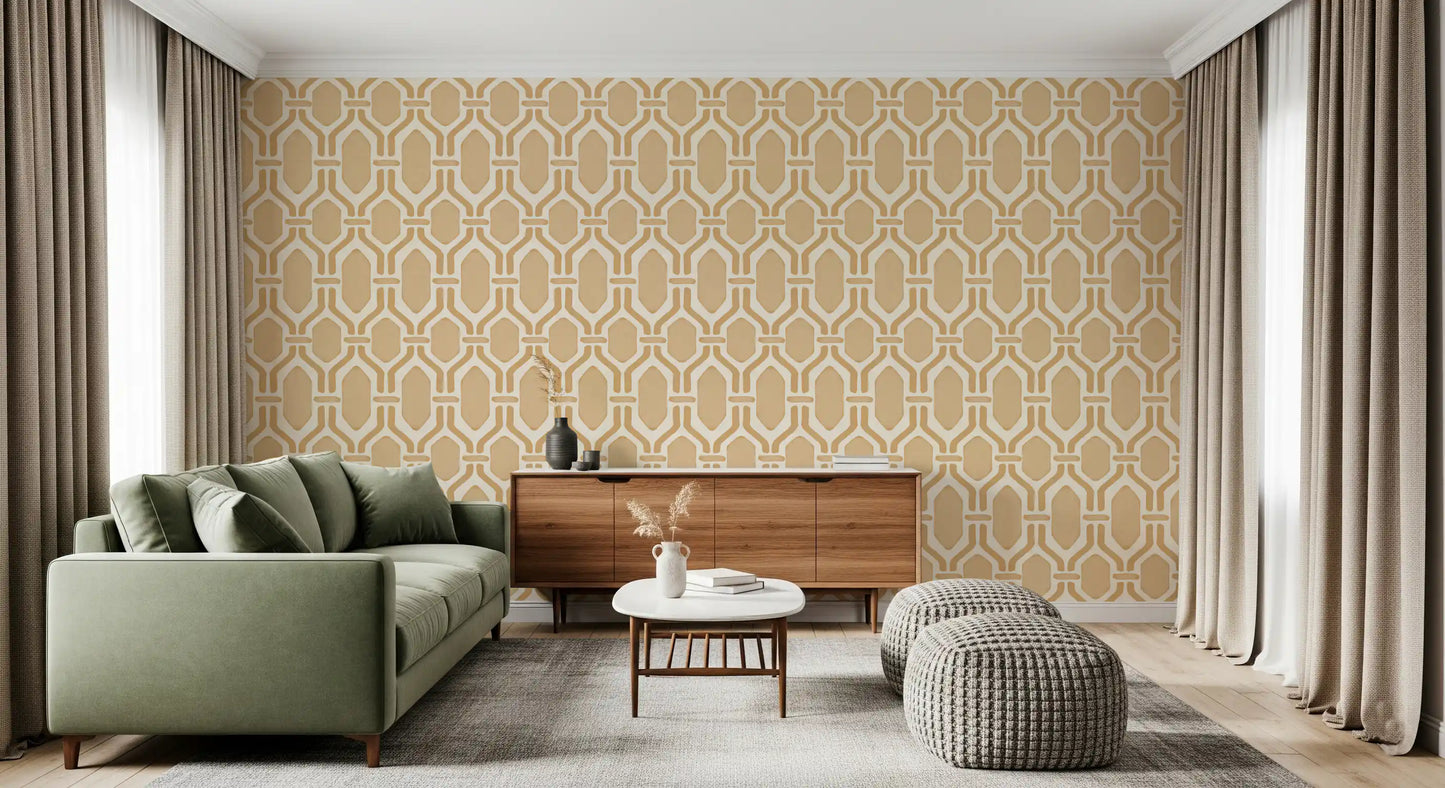 Muted beige elements characterize this classic sand wallpaper.