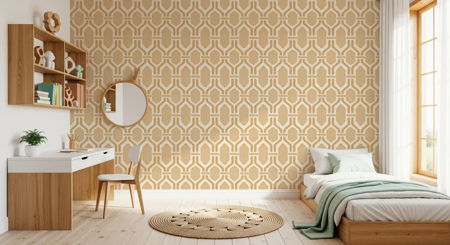 Symmetrical patterns define the art deco trellis sand wallpaper.