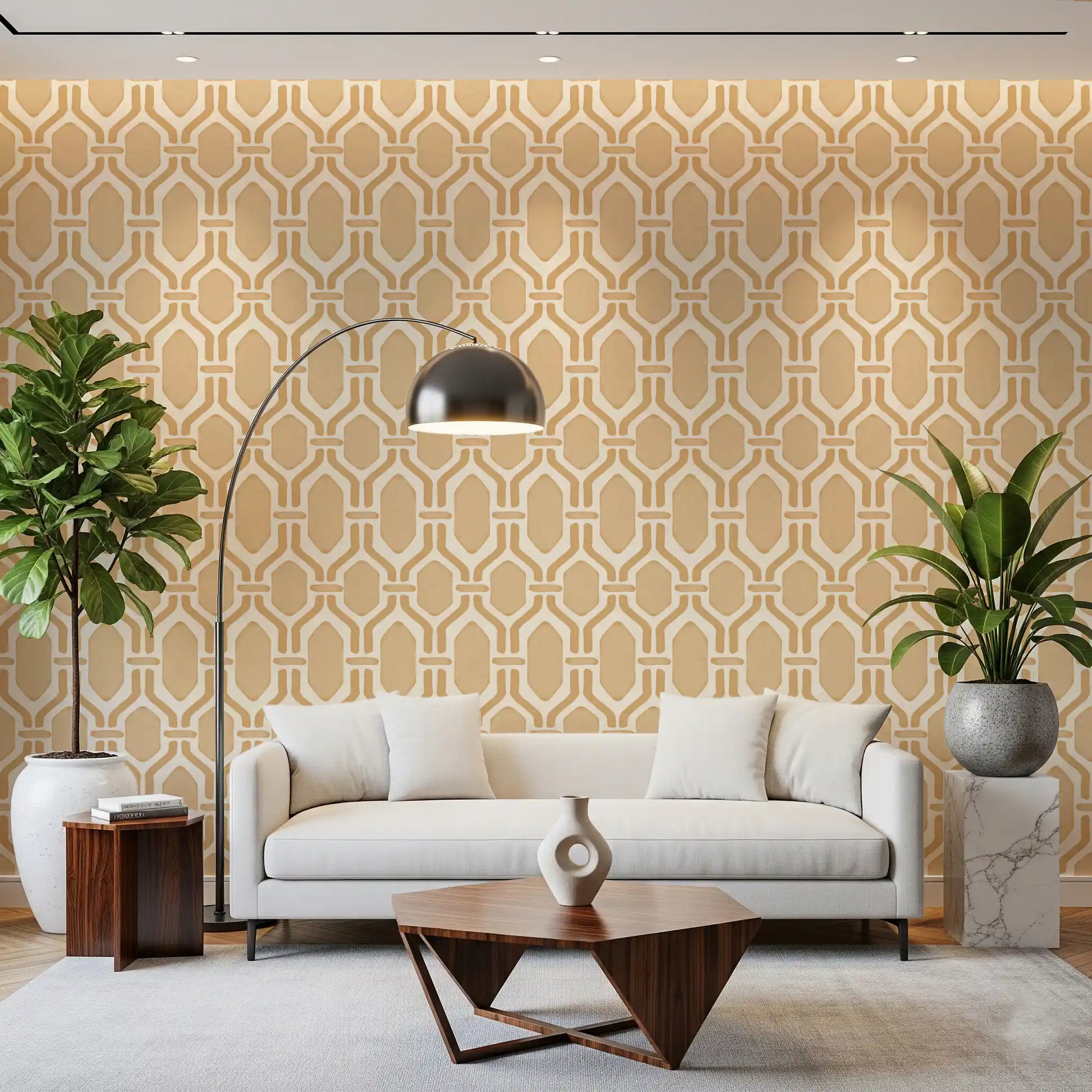 Minimalist lounge area incorporating the art deco trellis sand wallpaper.