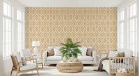 Elegant Living room setting completed by the art deco trellis sand wallpaper.