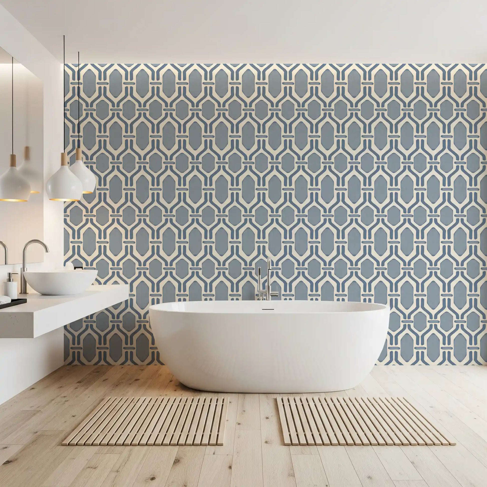 Elegant bathroom enhanced by the Art Deco Trellis Slate Blue Wallpaper.
