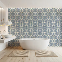 Elegant bathroom enhanced by the Art Deco Trellis Slate Blue Wallpaper.