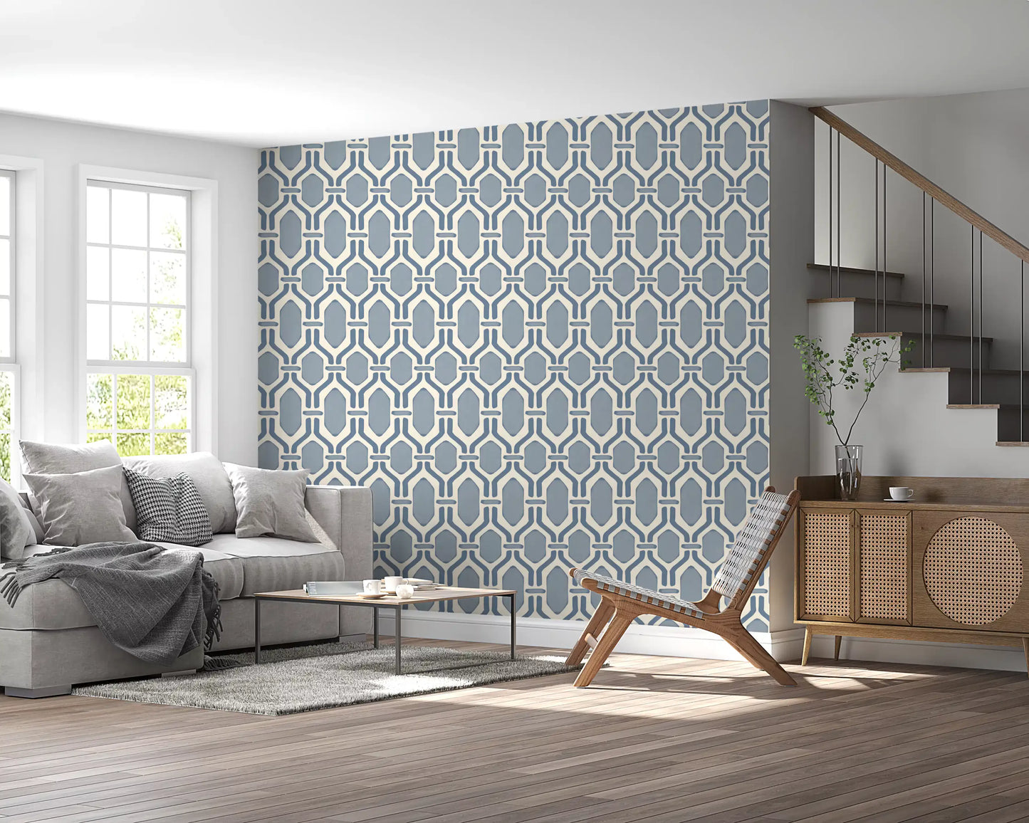 Living room environment paired with an interlocking retro wallpaper.