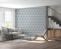 Living room environment paired with an interlocking retro wallpaper.