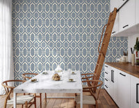 Art Deco Trellis Slate Blue Wallpaper displaying geometric shapes.
