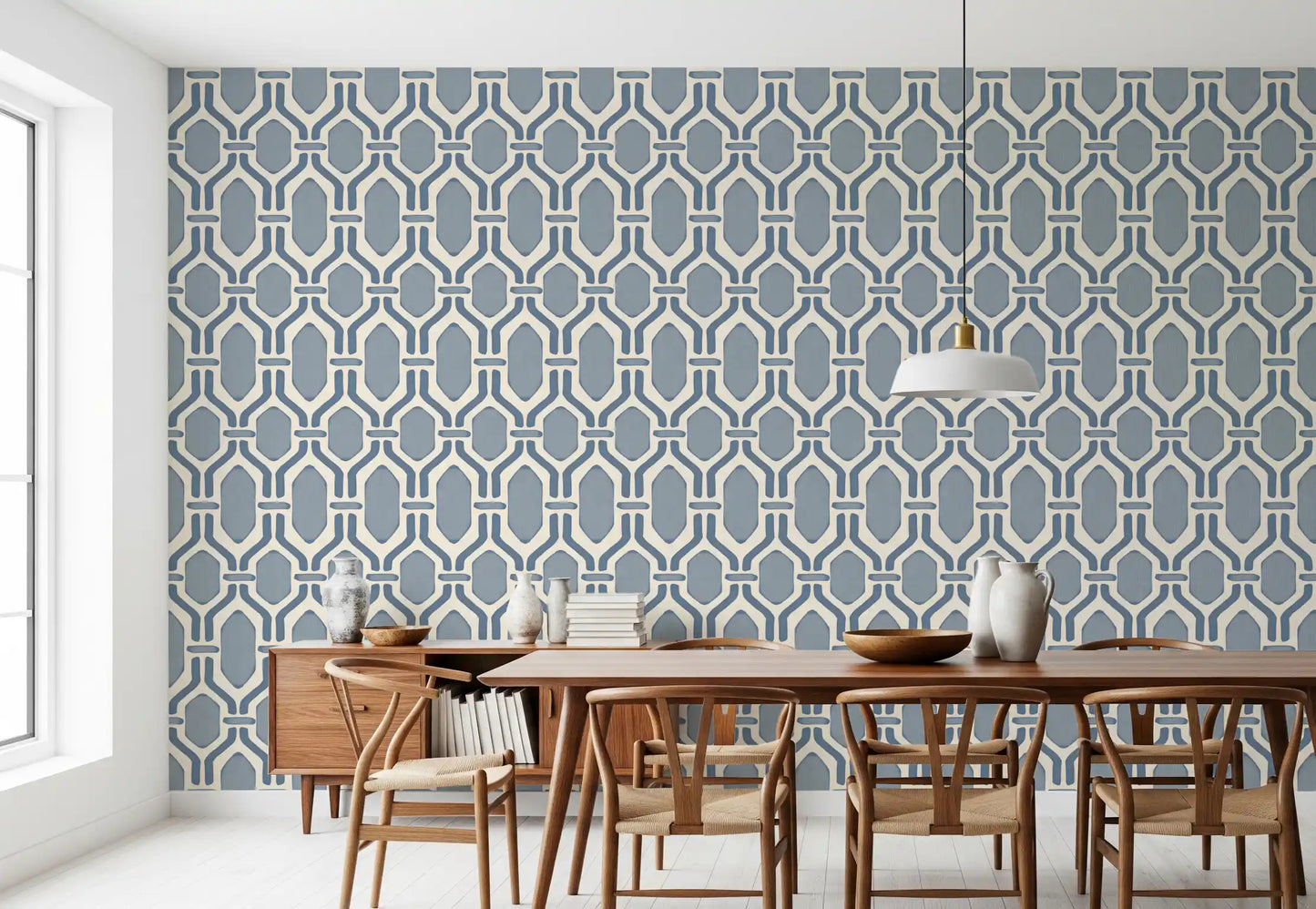 Precise lines shape the Art Deco Trellis Slate Blue Wallpaper.