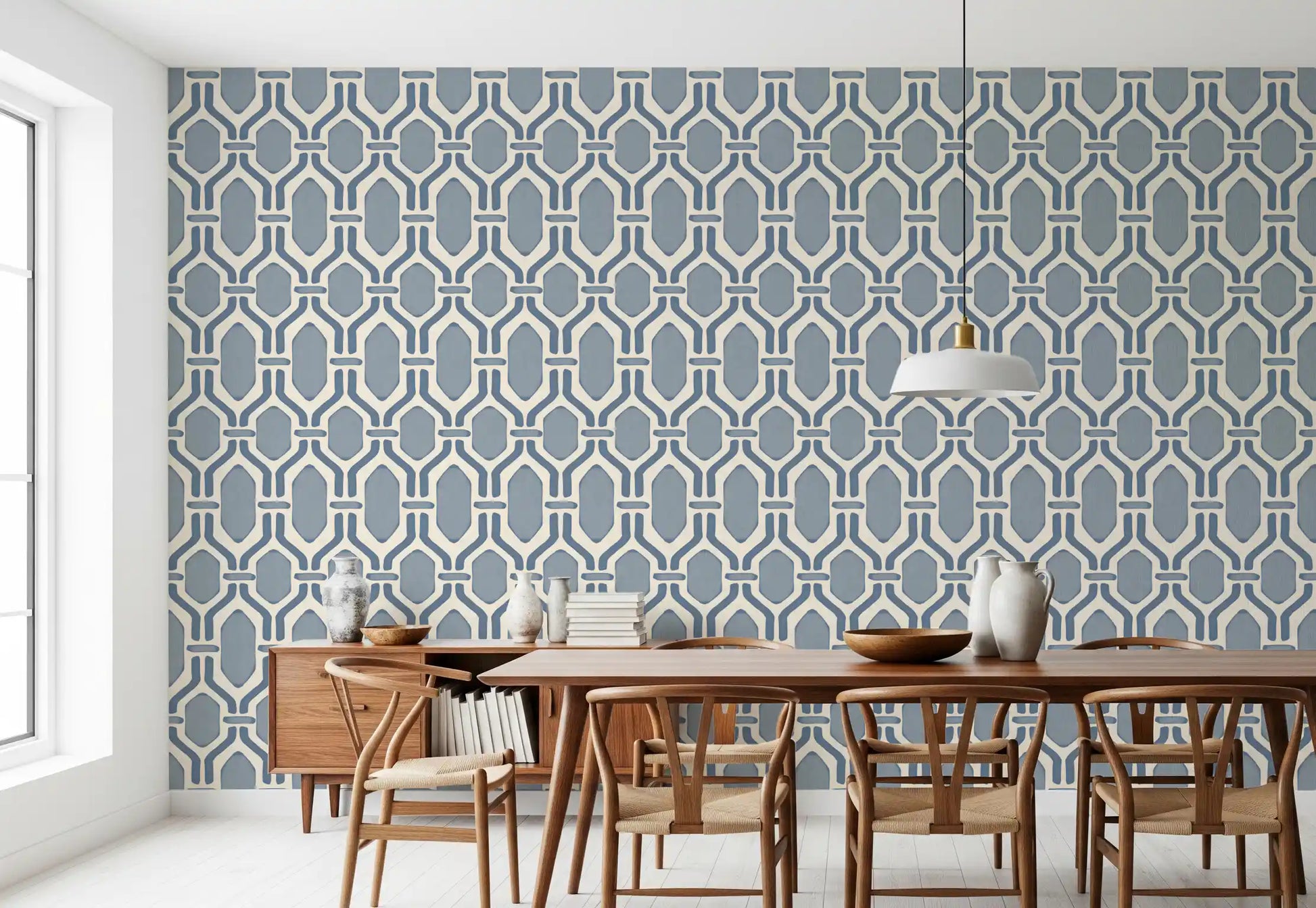 Precise lines shape the Art Deco Trellis Slate Blue Wallpaper.
