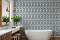 Bathroom interior highlighting the Art Deco Trellis Slate Blue Wallpaper.
